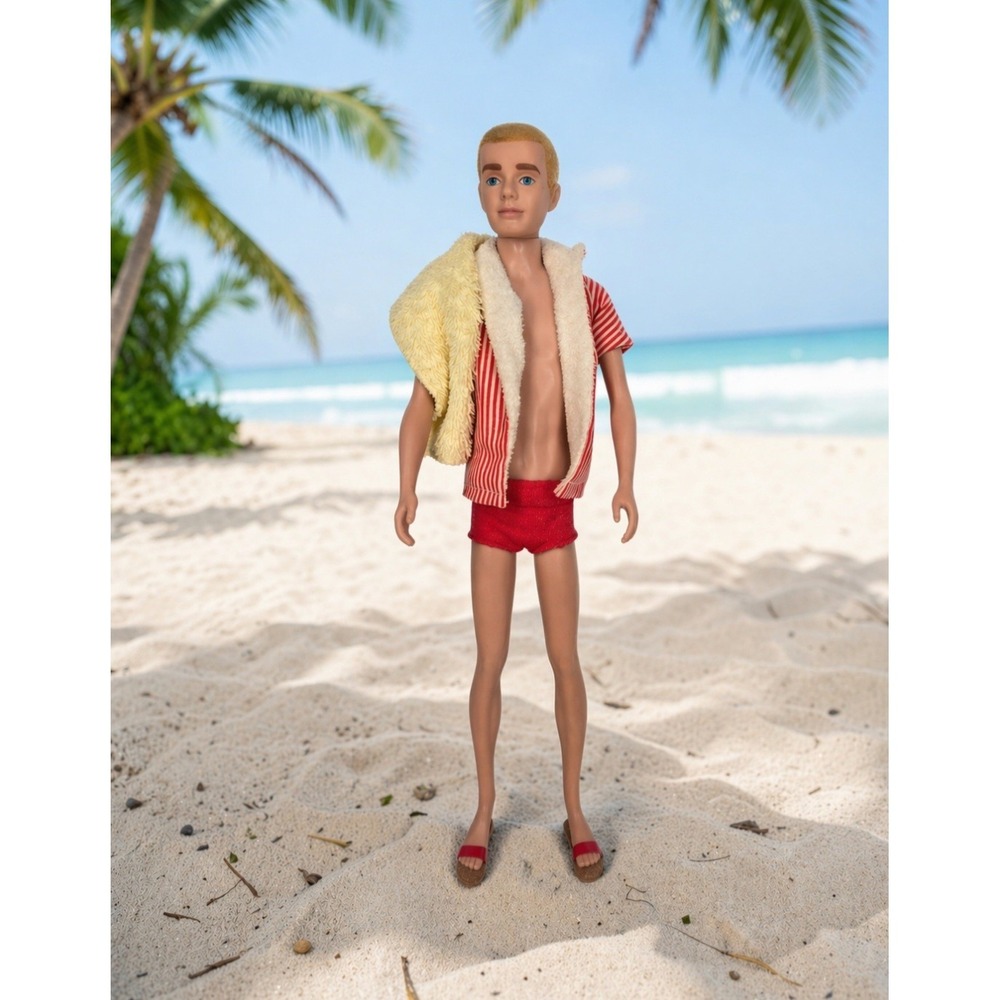 Vintage 1960s Ken Doll In Red Beach Outfit Flocked Blonde Hair Mattel